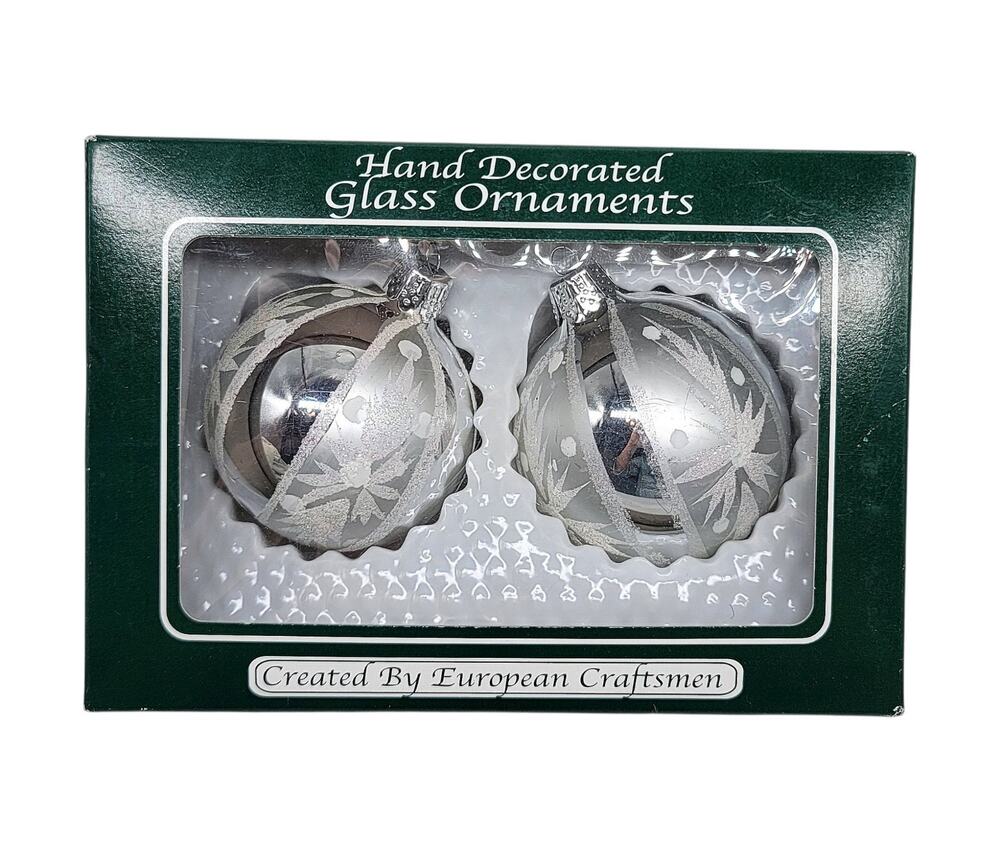 Vtg Christmas Hand Decorated Glass Ornaments Silver White European Set Of 2 C210